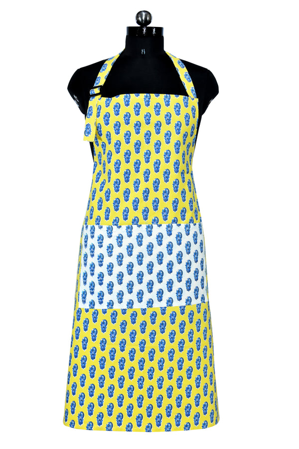 Floral block print yellow apron