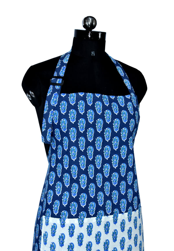 Floral block print navy blue apron