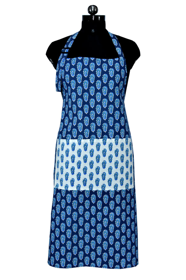 Floral block print navy blue apron