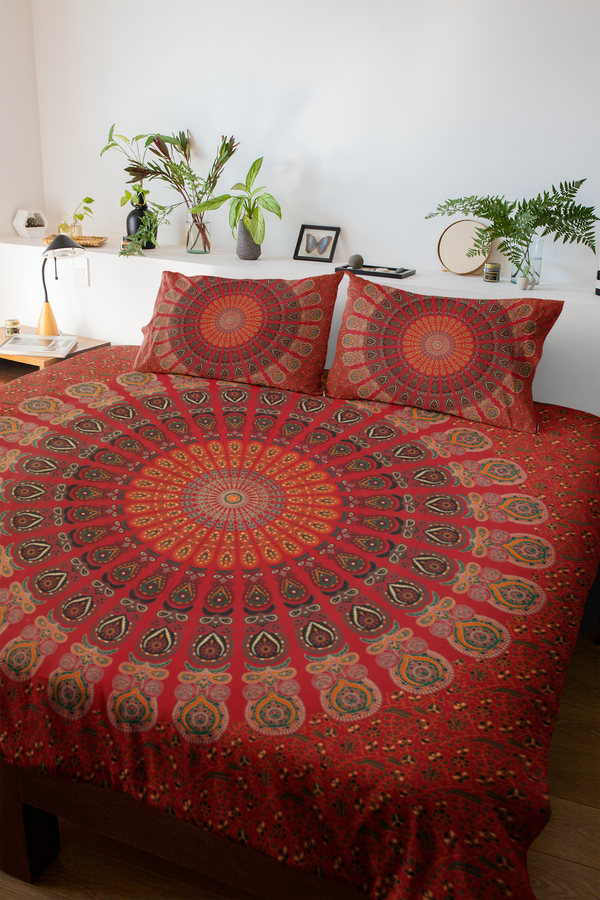 Red Mandala Double Bedsheet Tapestry with 2 Pillow Covers