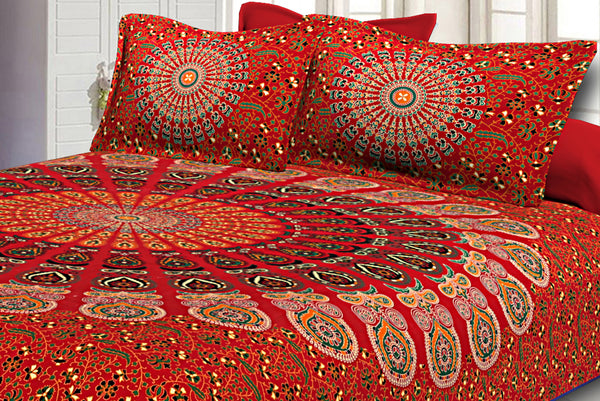 Red Mandala Double Bedsheet Tapestry with 2 Pillow Covers