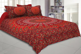 Red Mandala Double Bedsheet Tapestry with 2 Pillow Covers
