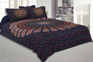 Blue Mandala Double Bedsheet Tapestry with 2 Pillow Covers