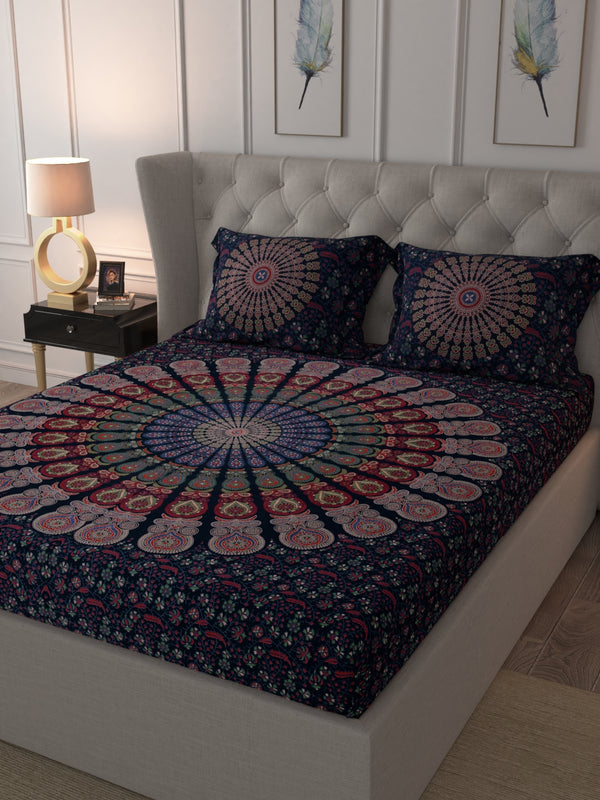 Blue Mandala Double Bedsheet Tapestry with 2 Pillow Covers