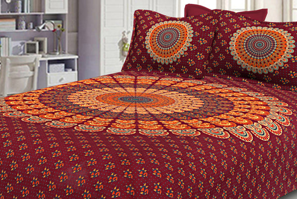 Crimson Red Mandala Bedsheet Tapestry Floral Print With 2 Pillow Covers