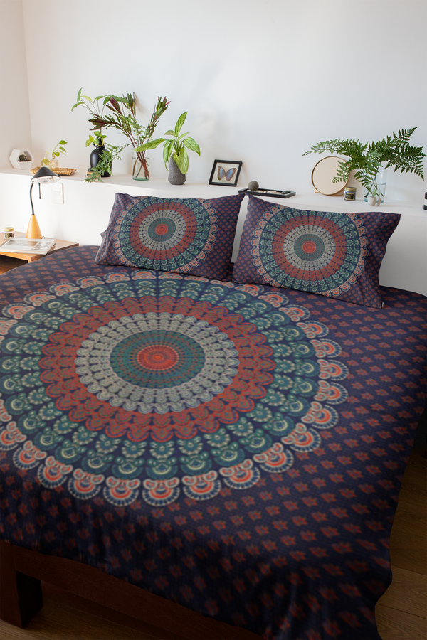 Indigo Blue Mandala Bedsheet Tapestry Floral Print With 2 Pillow Covers