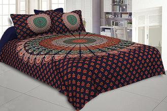 Indigo Blue Mandala Bedsheet Tapestry Floral Print With 2 Pillow Covers