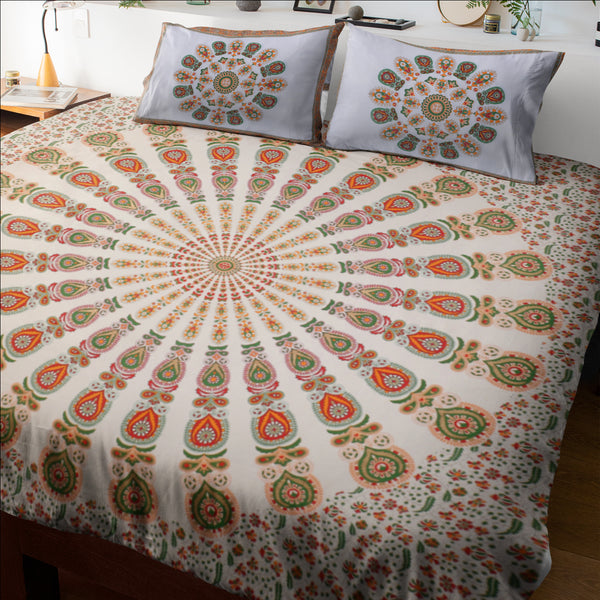 Mandala Orange Green Khari Gold Print Double Bedsheet with 2 Pillow Covers