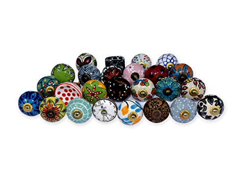 MultiColor Set of 25 Pcs Fabricated Knobs for Doors and Cabinets with Brass Blue Pottery