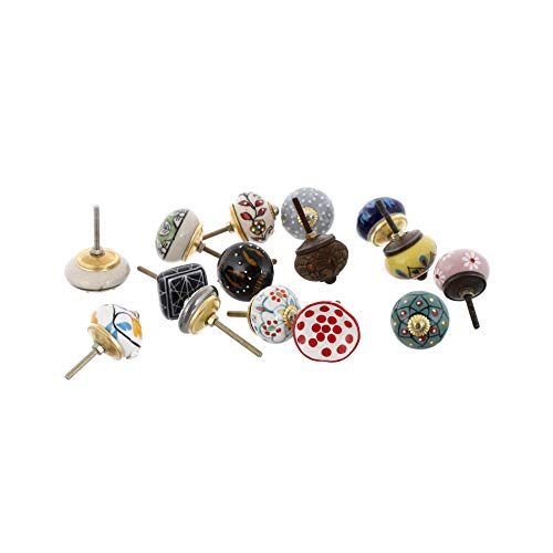 MultiColor Set of 15 Pcs Fabricated Knobs for Doors and Cabinets with Brass Blue Pottery