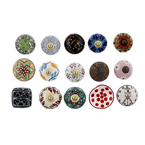 MultiColor Set of 15 Pcs Fabricated Knobs for Doors and Cabinets with Brass Blue Pottery