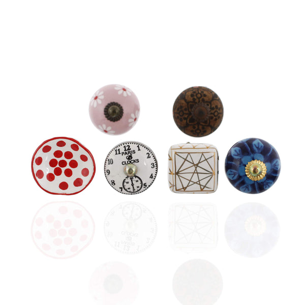 MultiColor Set of 6 Pcs Fabricated Knobs for Doors and Cabinets with Brass Blue Pottery