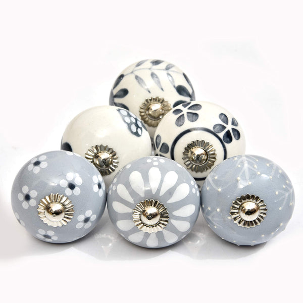 English Ceramic Knob Set of 6 Pcs Fabricated Knobs for Doors and Cabinets with Brass Blue Pottery
