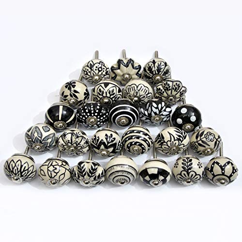 Black & White Set of 25 Pcs Fabricated Knobs for Doors and Cabinets with Brass Blue Pottery