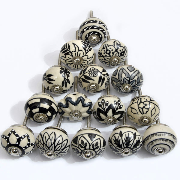Black & White Set of 15 Pcs Fabricated Knobs for Doors and Cabinets with Brass Blue Pottery