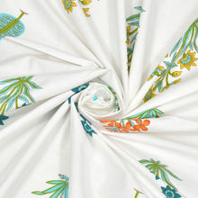 India Blue Orange Flower and Green Leaf Block Print King Size Bed Sheet
