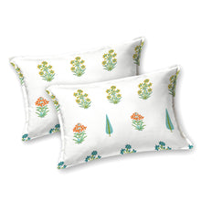 India Blue Orange Flower and Green Leaf Block Print King Size Bed Sheet