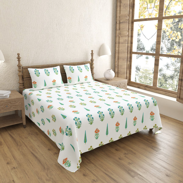 India Blue Orange Flower and Green Leaf Block Print King Size Bed Sheet