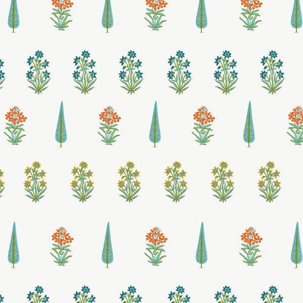 India Blue Orange Flower and Green Leaf Block Print King Size Bed Sheet