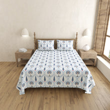 King Size Bedsheet with Hand Block Printed Blue Trees and Floral Design
