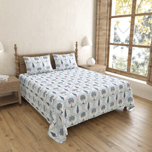 King Size Bedsheet with Hand Block Printed Blue Trees and Floral Design