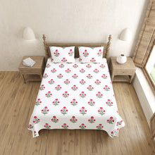 Handblock Red Flowers and Green Leaves Block Printed King Size Bedsheet
