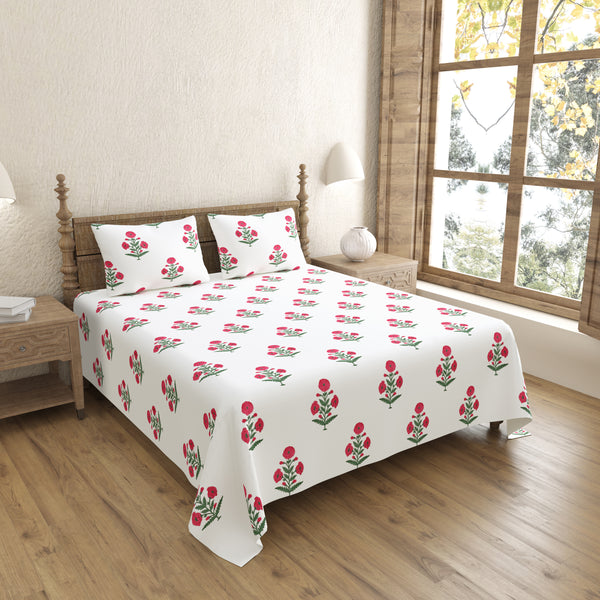 Handblock Red Flowers and Green Leaves Block Printed King Size Bedsheet