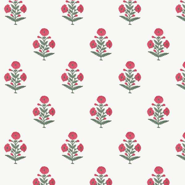 Handblock Red Flowers and Green Leaves Block Printed King Size Bedsheet