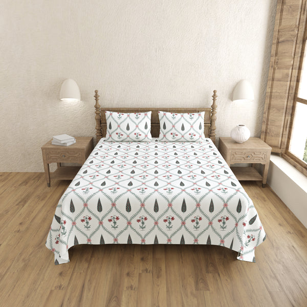 Pink Flowers and Green Leaves Handblock Printed King Size Bedsheet