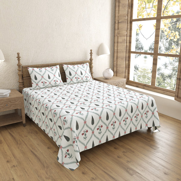 Pink Flowers and Green Leaves Handblock Printed King Size Bedsheet