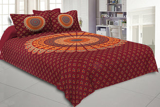 Crimson Red Mandala Bedsheet Tapestry Floral Print With 2 Pillow Covers