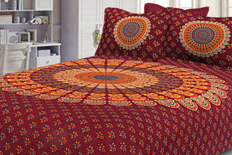 Crimson Red Mandala Bedsheet Tapestry Floral Print With 2 Pillow Covers