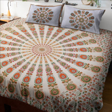 Mandala Orange Green Khari Gold Print Double Bedsheet with 2 Pillow Covers